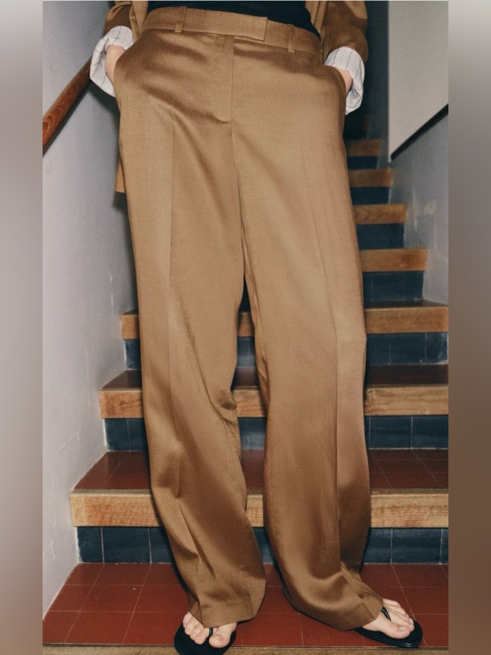 Zara NWT Brown Linen Blend High Rise Straight Leg Tailored Trousers - Picture 3 of 10